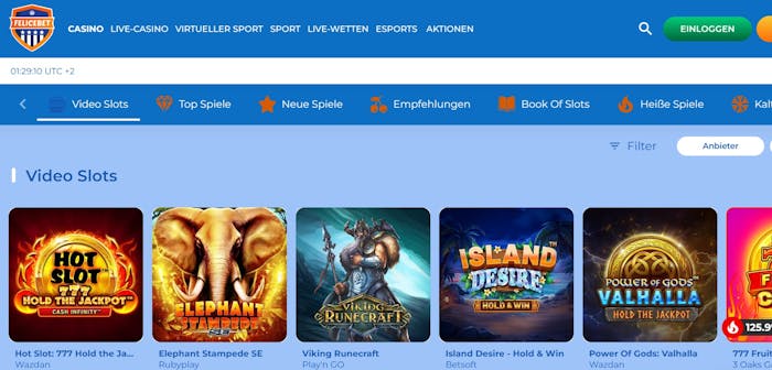 Spiellobby im Felicebet Casino zeigt Video Slots wie Viking Runecraft neben anderen Spielkategorien