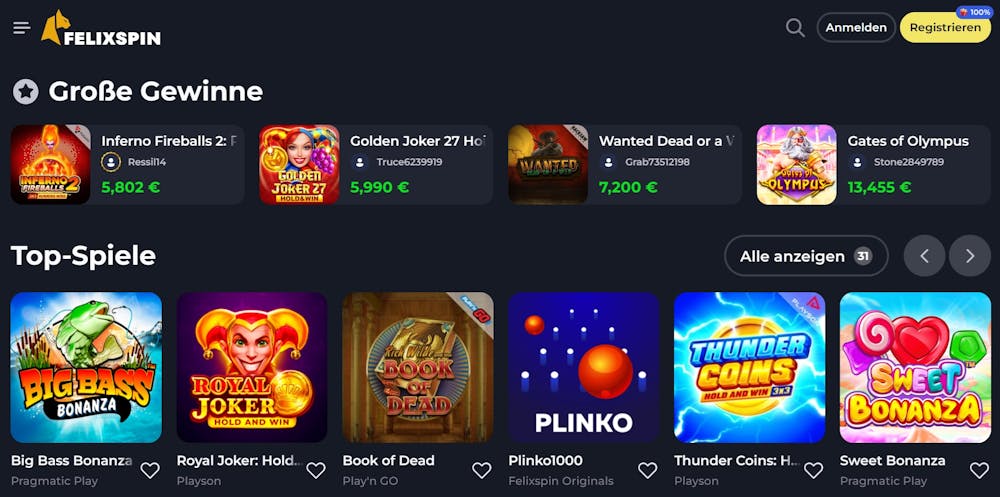 Die Homepage von Felixspin Casino mit einem ersten Blick auf viele verschiedenen Slot Titel