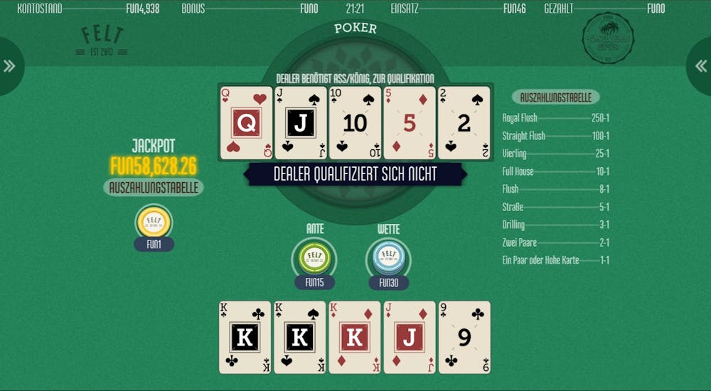 Caribbean Stud Poker Casino Spiel von Felt Gaming