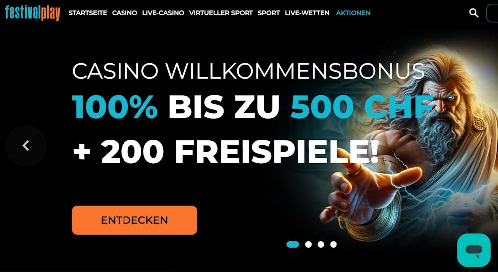 Die Startseite von FestivalPlay mit einer Beschreibung über den Willkommensbonus von 100 % bis zu 500 CHF + 200 Freispiele