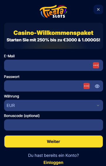 Screenshot von Fiesta Slots mit der Anmeldeseite.