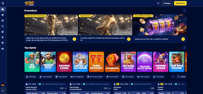 Fiesta Slots Screenshot mit der Startseite und dem Willkommensbonus.