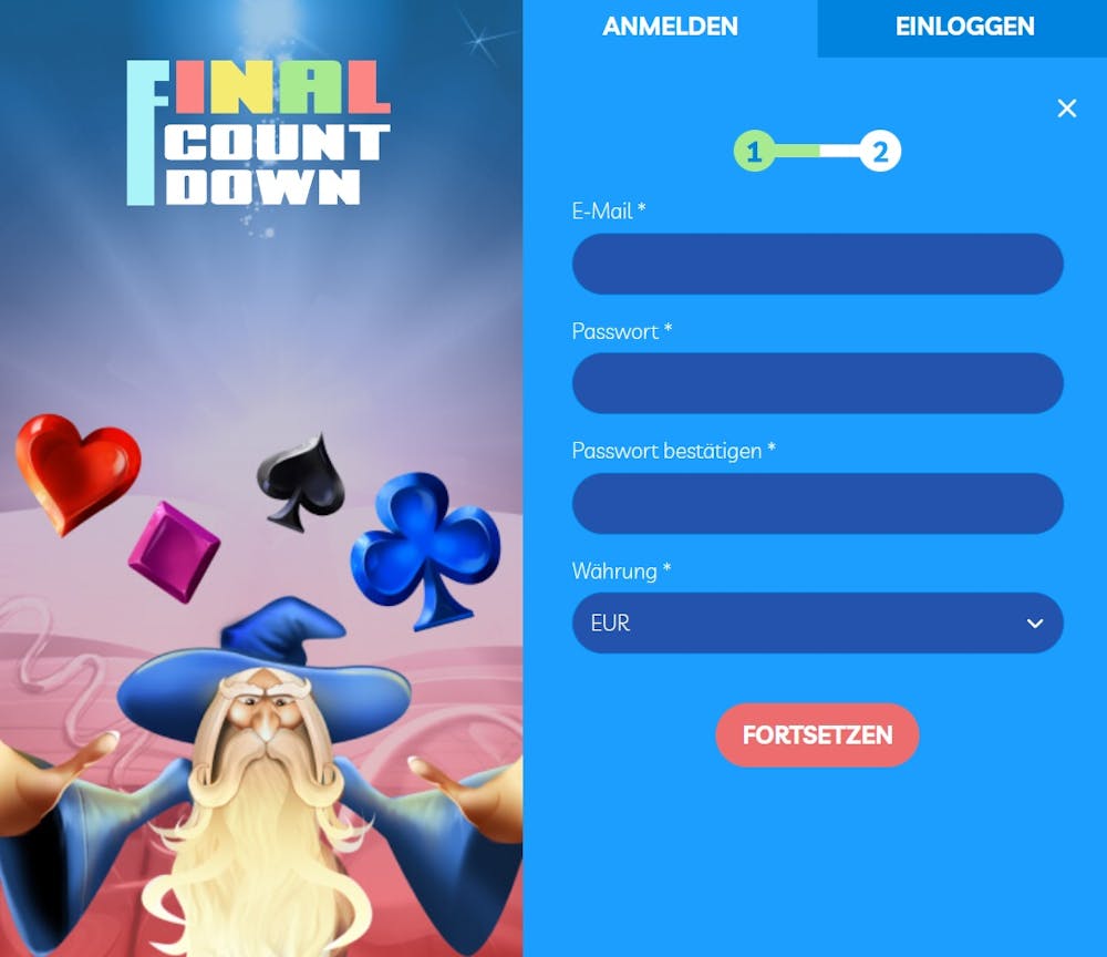 Die Anmeldemaske bei Final Countdown Casino