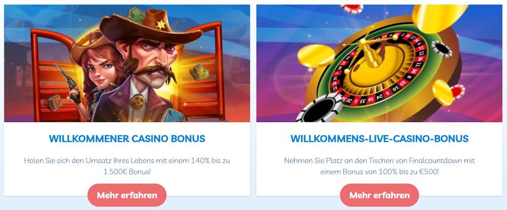 Eine Übersicht über die beiden Willkommensboni bei Final Countdown Casino, der Casino Bonus über 140% bis zu 1.500 € und der Live Casino Bonus mit 100% bis zu 500 €