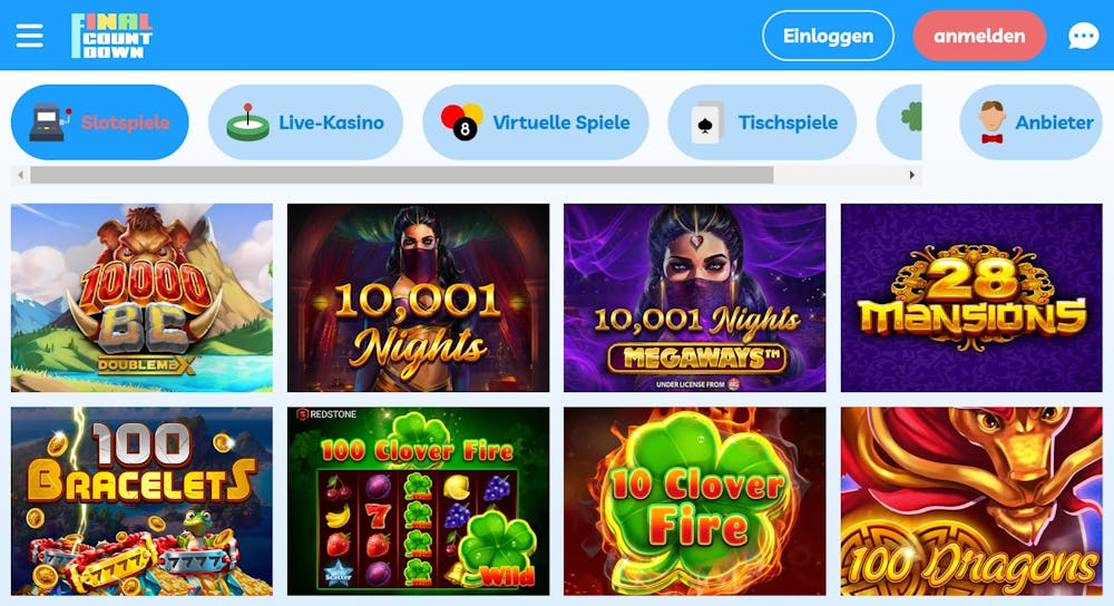 Eine Übersicht über verschiedene Slots bei Final Countdown Casino, mit Titeln wie 10.001 Nights und 28 Mansions