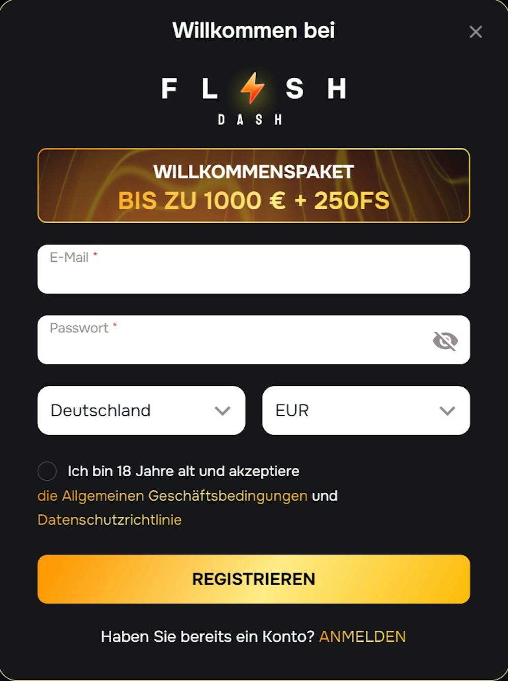 Anmeldeformular im Flash Dash Casino