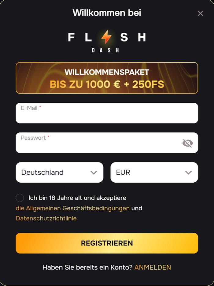 Anmeldeformular im Flash Dash Casino