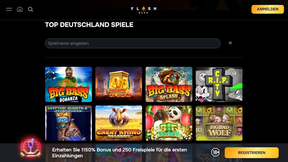 Spiellobby im Flash Dash Casino zeigt Spiele wie Big Bass Bonanza