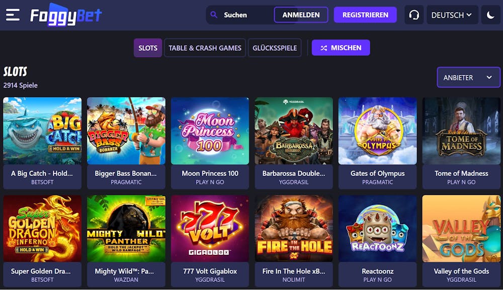 Eine Übersicht über viele verschiedene Slot Titel bei Foggybet Casino