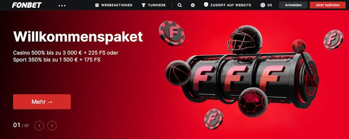 Startseite im Fonbet Casino zeigt Willkommenspaket