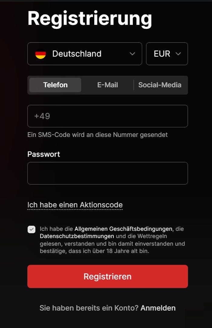 Anmeldeformular im Fonbet Casino