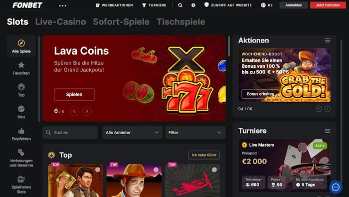 Spiellobby im Fonbet Casino zeigt top Slots wie Book of Ra neben anderen Spielangeboten