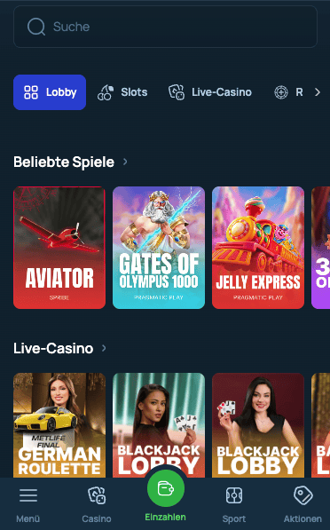 Spiellobby im Fortune Jack Casino zeigt beliebte Spiele wie Gates of Olympus 1000 neben anderen Spielkategorien