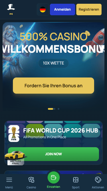 Startseite im Fortune Jack Casino zeigt Willkommensbonus, Menübereiche und Anmeldebutton