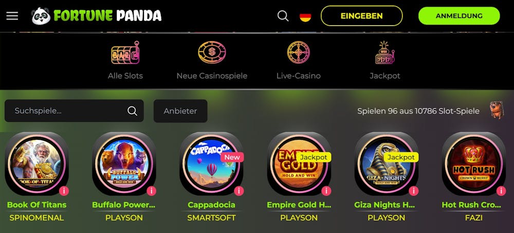 Fortune Panda Casino Spielauswahl