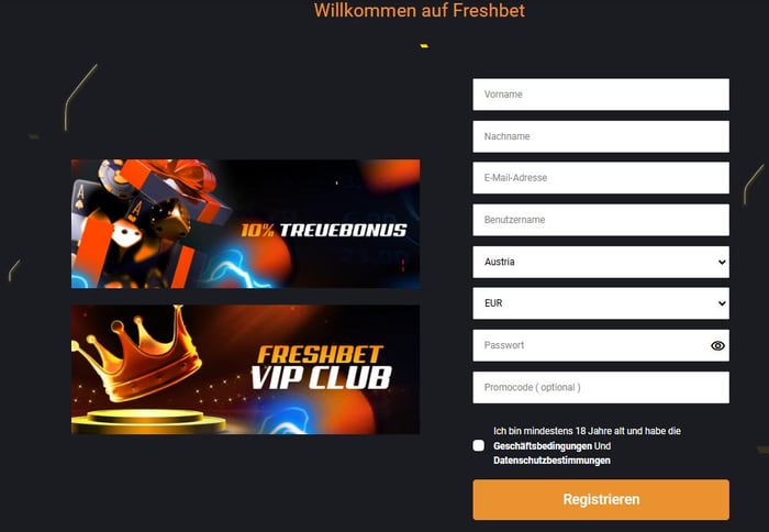 Anmeldeformular im Freshbet Casino