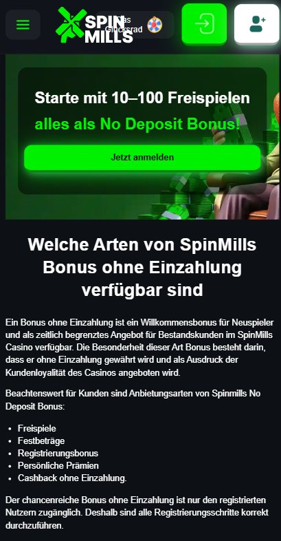 Spin Mills Casino Screenshot, der die Freispiele ohne Einzahlung des Casinos anzeigt.
