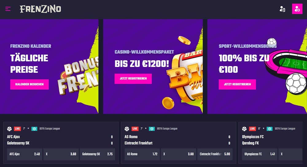 Die Homepage von Frenzino Casino mit Beschreibungen über verschiedene Promotionen