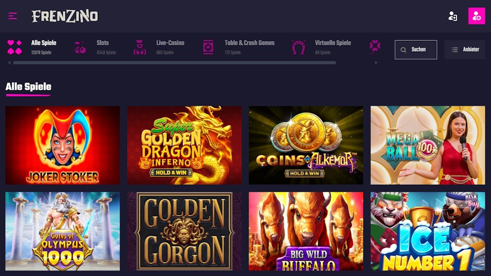 Die Spieleansicht von Frenzino Casino imt Titeln wie Goldon Gorgon und Ice Number 1 