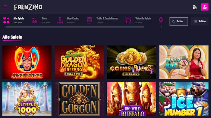 Die Spieleansicht von Frenzino Casino imt Titeln wie Goldon Gorgon und Ice Number 1 