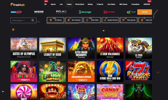 Spiellobby im Freshbet Casino zeigt Spiele wie Gates of Olympus neben anderen Spielkategorien