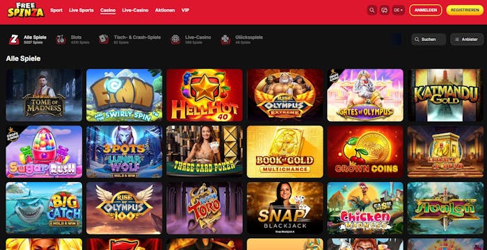 Spiellobby im Freespinza Casino zeigt Spiele wie Gates of Olympus neben anderen Spielkategorien