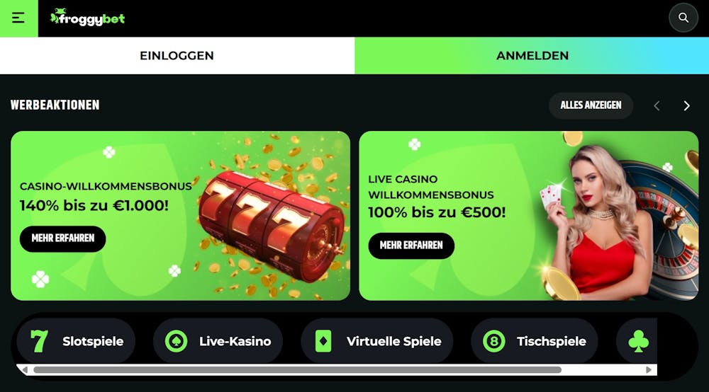 Die Homepage von Froggybet Casino, im Hintergrund eine Beschreibung über verschiedene Promotionen und Boni 