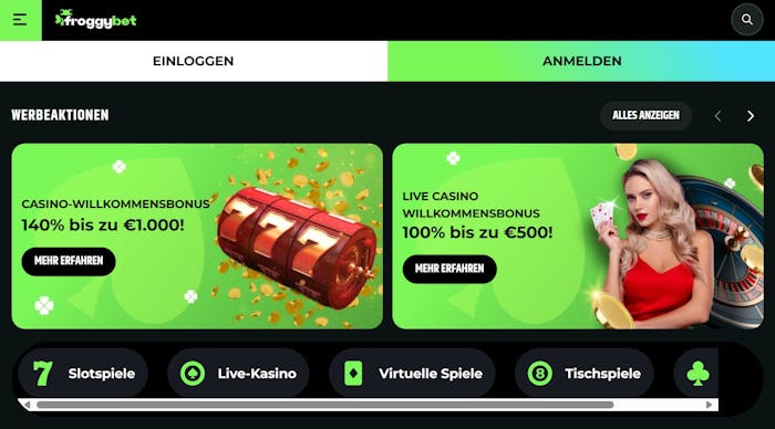 Die Homepage von Froggybet Casino, im Hintergrund eine Beschreibung über verschiedene Promotionen und Boni 