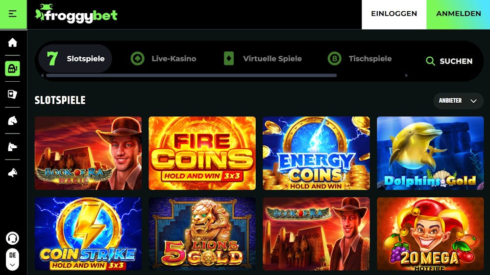 Die Spielauswahl bei Froggybet Casino mit vielen verschiedenen Titeln wie Dolphin Gold und Energy Coins 