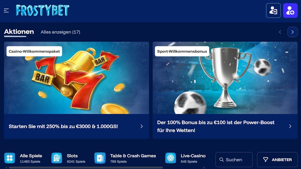 Frostybet Casino Screenshot mit dem Willkommensangebot im blauen Design