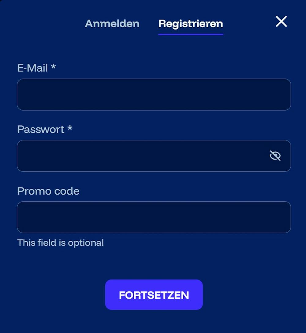 Screenshot vom Frostybet Casino mit der Anmeldemaske zur Eingabe von Email Adresse, Passwort und Promo Code.