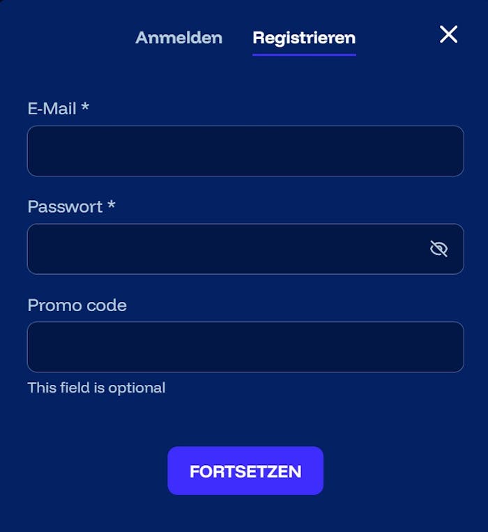 Screenshot vom Frostybet Casino mit der Anmeldemaske zur Eingabe von Email Adresse, Passwort und Promo Code.