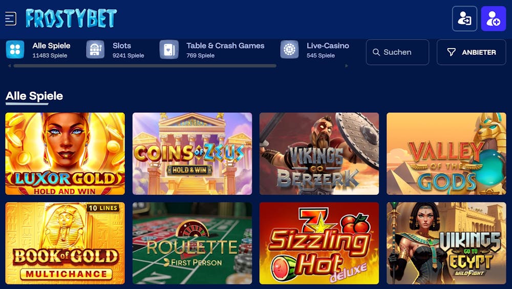 Frostybet Casino Screenshot mit der Spielauswahl, darunter Slots wie Coins of Zeus und Sizzling Hot.