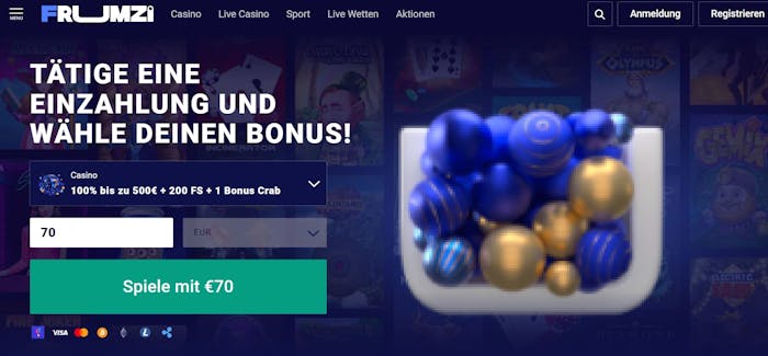 Frumzi Casino Startseite mit einer Beschreibung über den Willkommensbonus von 100 % bis zu 500 €