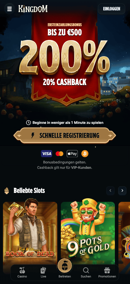 Startseite im Kingdom Casino zeigt Ersteinzahlungsbonus und beliebte Slots