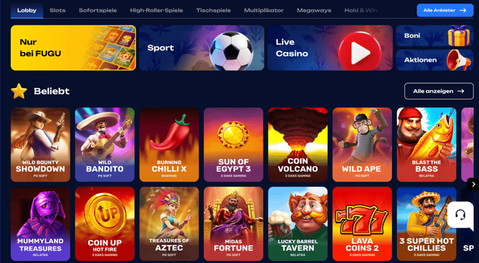 Spiellobby im Fugu Casino zeigt beliebte Spiele wie Sun of Egypt 3 und andere Spielkategorien