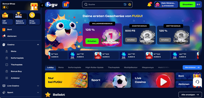 Startseite im Fugu Casino zeigt Bonusangebote, Menü und Spielkategorien