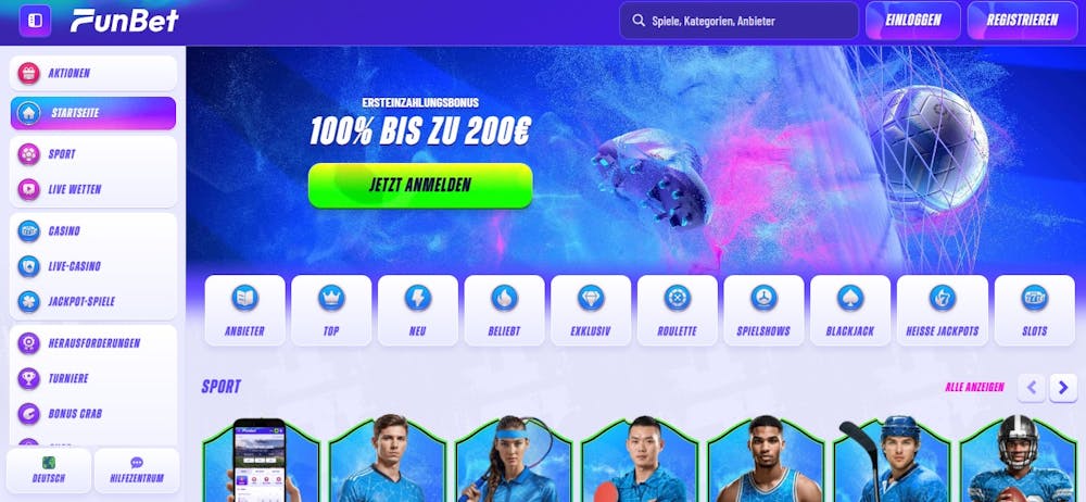 Die Homepage von Fun Bet Casino mit einer Beschreibung des WIllkommensbonus von 100% bis zu 200 €