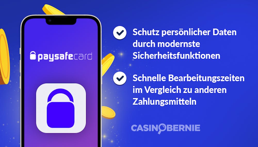 Schutz persönlicher Daten durch modernste Sicherheitsfunktionen und Schnelle Bearbeitungszeiten im Vergleich zu anderen Zahlungsmitteln neben einem Handy mit dem offiziellen paysafecard-Logo auf dem Display und einem Schloss.