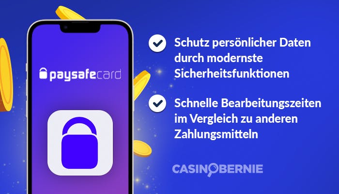 Schutz persönlicher Daten im paysafecard Online Casino durch modernste Sicherheitsfunktionen und schnelle Bearbeitungszeiten im Vergleich zu anderen Zahlungsmitteln neben einem Handy mit dem offiziellen paysafecard-Logo auf dem Display und einem Schloss.
