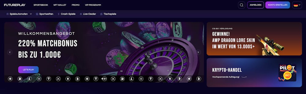 Startseite des FuturePlay Casinos mit Willkommensbonusbanner, Angeboten, Spielkategorien, Anmeldebutton, Suchleiste, App-Button und Sprachauswahl