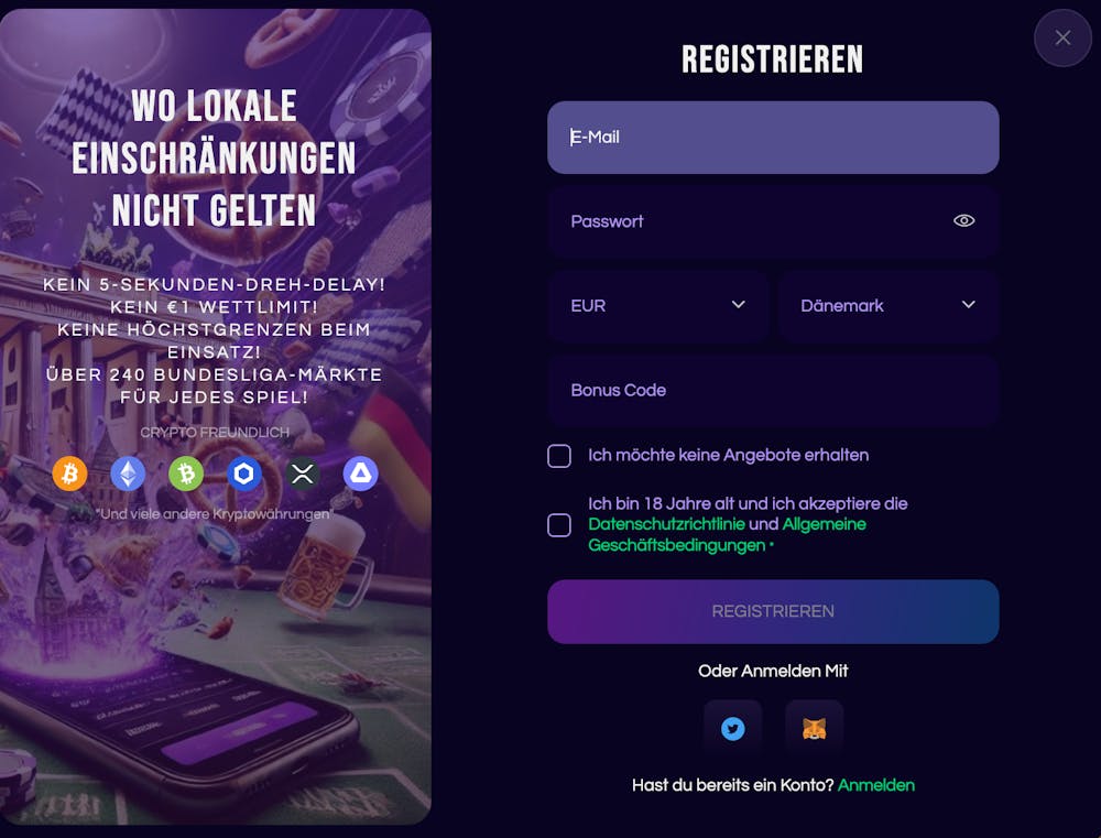 FuturePlay Casino Registrierungsformular mit Willkommensbonusangebot