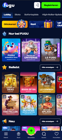 Spiellobby im Fugu Casino zeigt beliebte Spiele wie Legacy of Dead und andere Spielkategorien