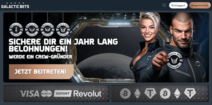 Die Homepage von Galactic Bets Casino mit einer 