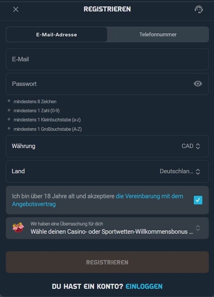 Das Registrierungsformular von Galactic Bets Casino 