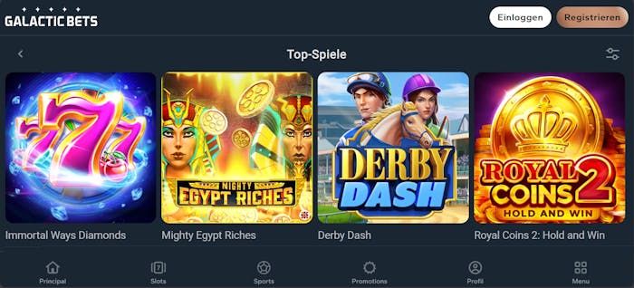 Die Slotauswahl bei Galactic Bets Casino mit vielen verschiedenen Titeln wie Derby Dash und Mighty Egypt Ritches