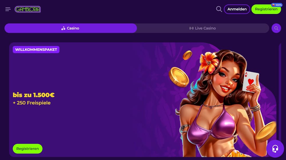 Gambloria Casino Screenshot mit dem Willkommensangebot bis zu8 1.500 € und 250 Freispiele, das Design ist in lila gehalten.