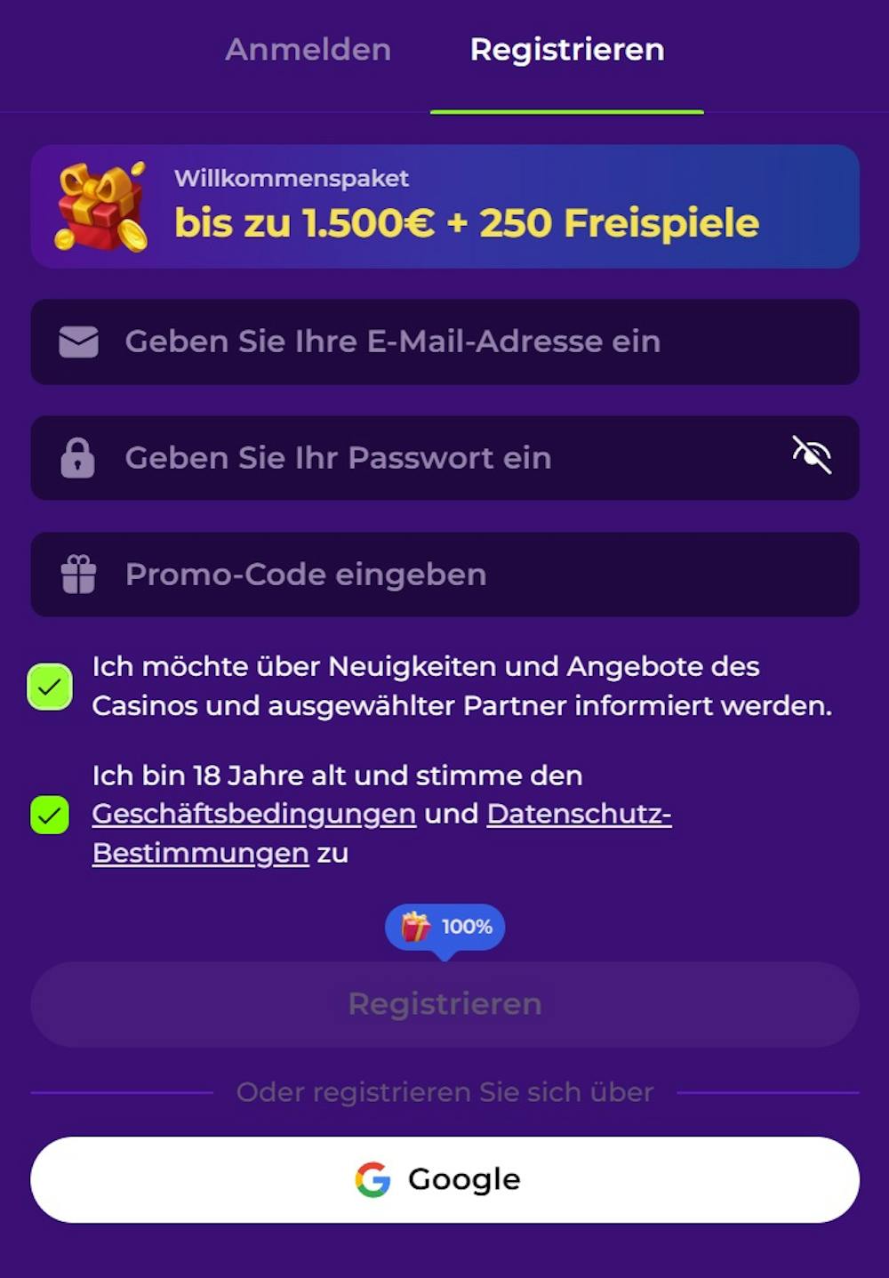 Gambloria Casino Screenshot mit der Anmeldeseite zum Eingeben der Daten.