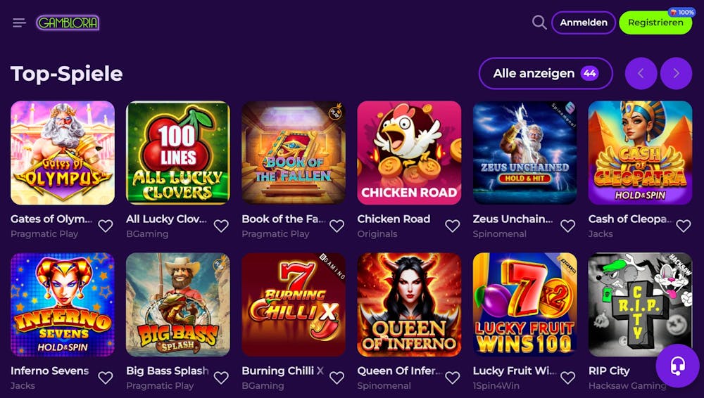 Gambloria Casino mit der Slot Auswahl, darunter Gates of Olympus.