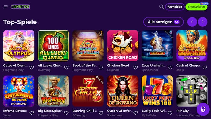 Gambloria Casino mit der Slot Auswahl, darunter Gates of Olympus.